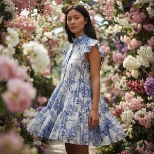 Lilbelle Size XS 100% Cotton Blue Toile Tiered Flutter Sleeve Spring Mini Dress